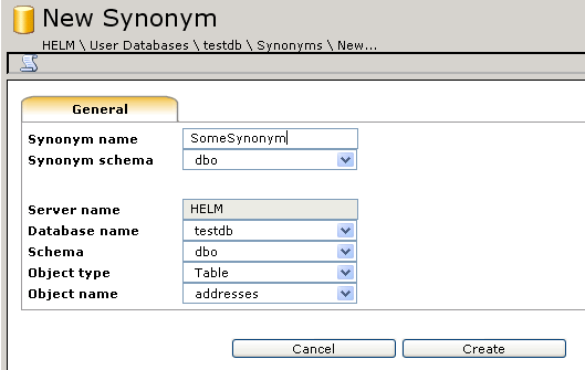 myLittleAdmin Synonym Creation Form