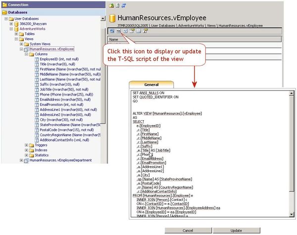 How to display or update the T-SQL definition of a view